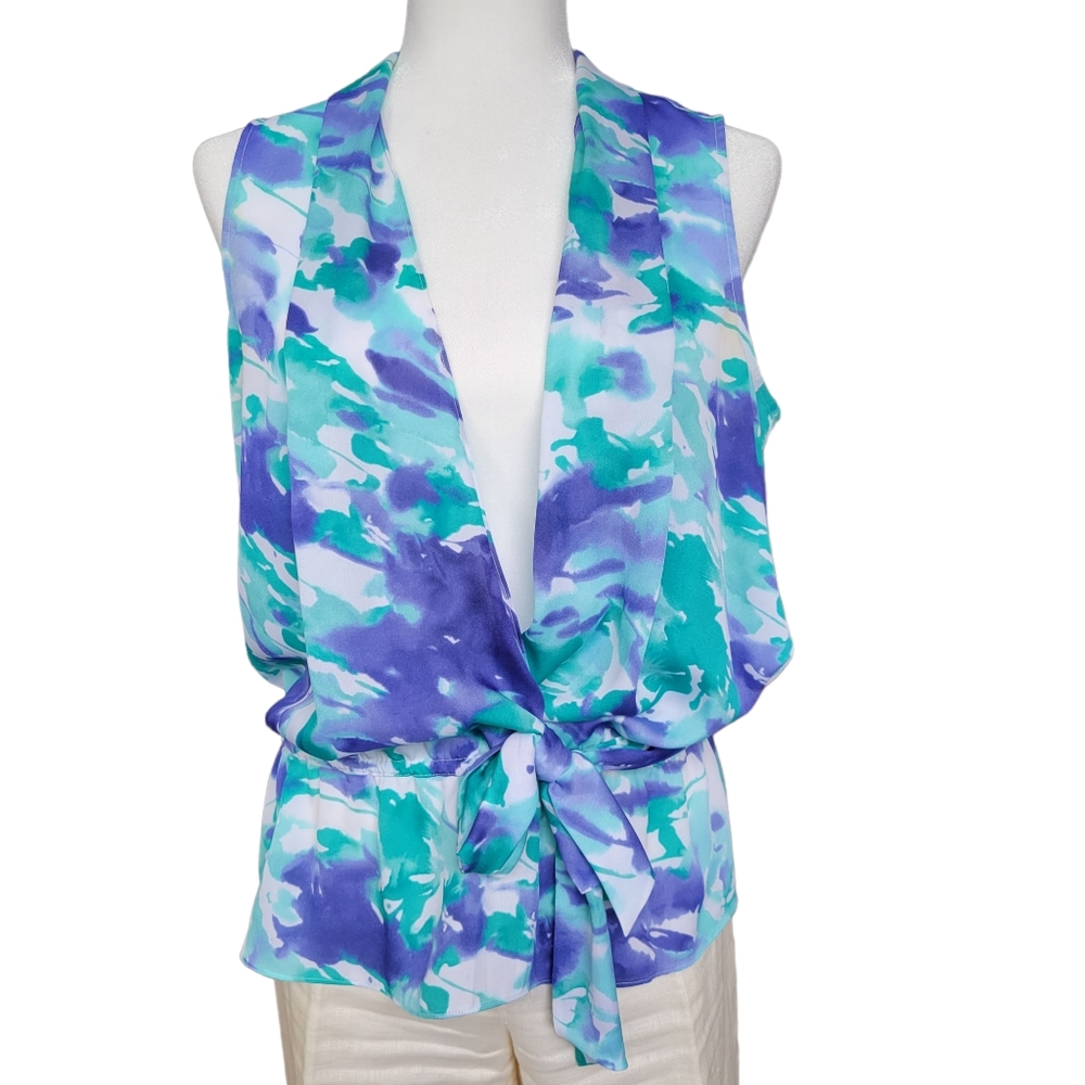 Anne Klein Flowy Fake Wrap Green Blue White Blouse Scooped Waist Women’s Size L